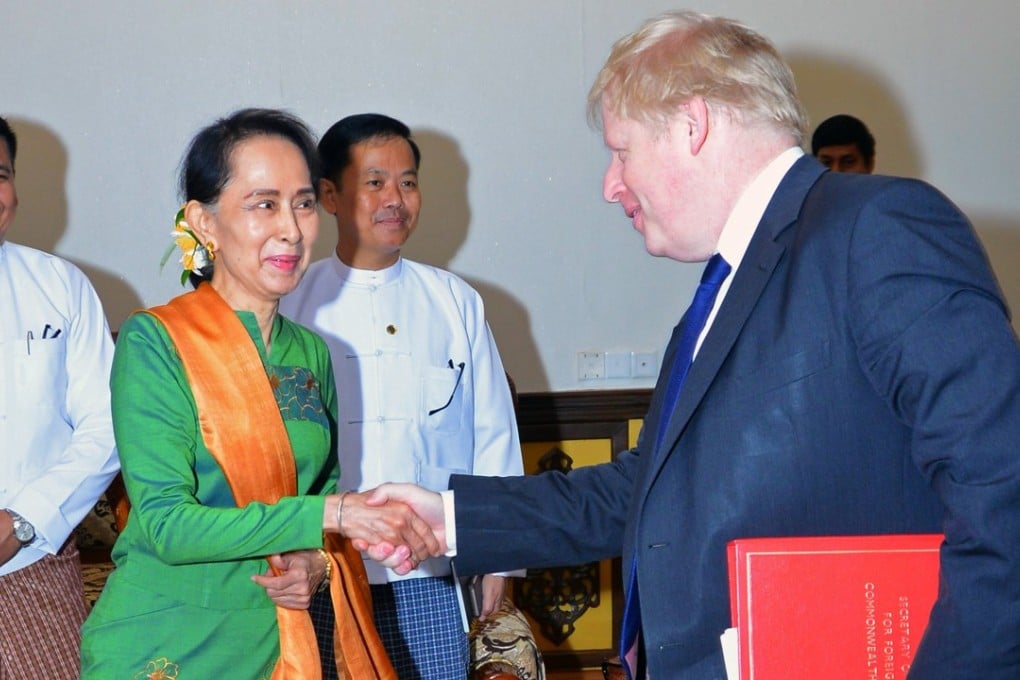 Britain’s Secretary of State for Foreign and Commonwealth Affairs Boris Johnson shakes hands with Myanmar’s State Counsellor Aung San Suu Kyi in Naypyitaw, Myanmar on February 11, 2018. Photo: Reuters