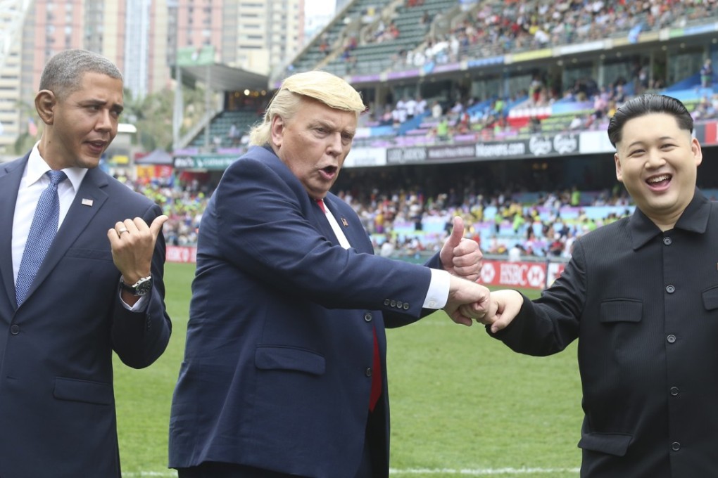 Impersonators of Barack Obama, Donald Trump and Kim Jong-un entertain the crowd at the 2017 Cathay Pacific/HSBC Hong Kong Sevens. Photo: K.Y. Cheng