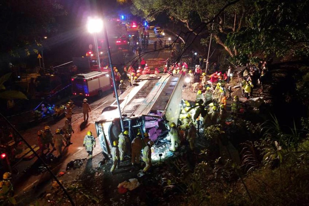The double-decker came to a stop tipped on its side on Tai Po Road. Photo: Felix Wong