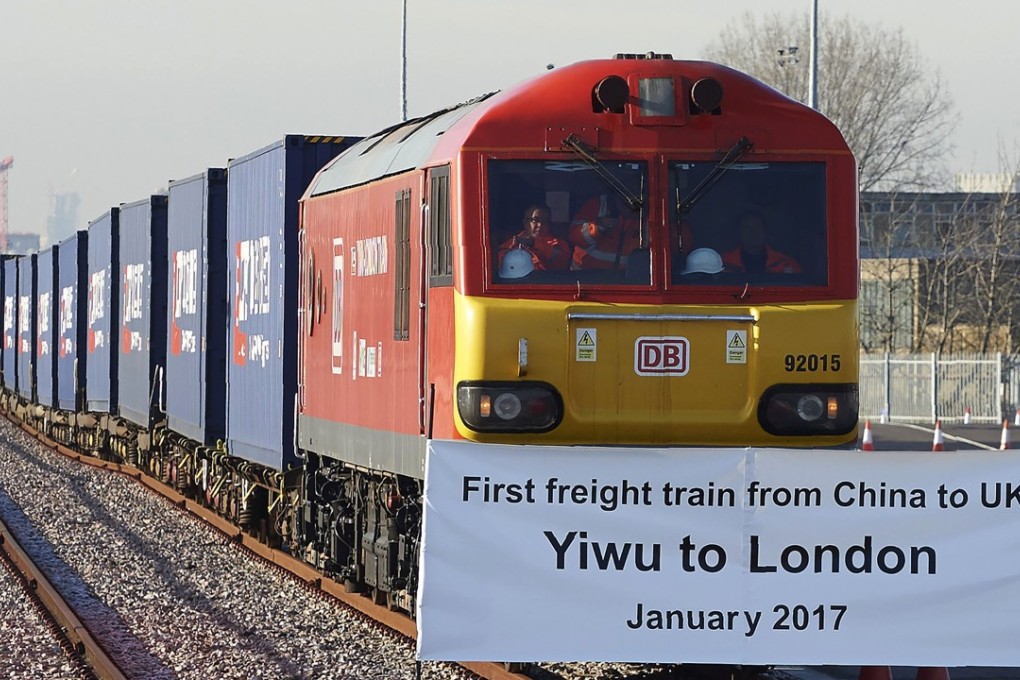 A freight train transporting containers laden with goods from China, arriving at DB Cargo's London Eurohub rail freight depot in Barking, east London, after travelling from Yiwu in the eastern Chinese province of Zhejiang. Photo: AFP
