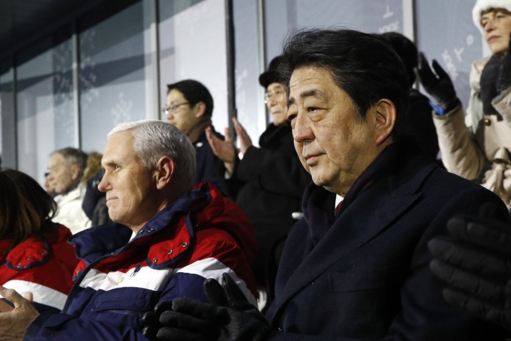 Japanese Prime Minister Shinzo Abe, right, sits alongside US Vice President Mike Pence, centre, and Karen Pence at the opening ceremony of the 2018 Winter Olympics in Pyeongchang on Friday. Photo: AP