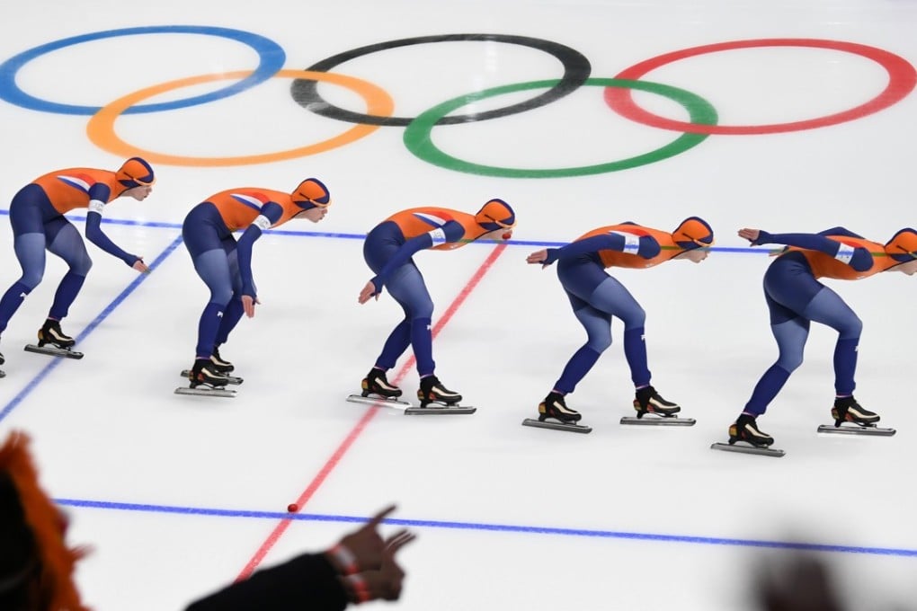 A multiple exposure show Netherlands' Ireen Wust competing in the women's 1,500m speed skating event during the Pyeongchang 2018 Winter Olympic Games at the Gangneung Oval on Tuesday. Photo: AFP
