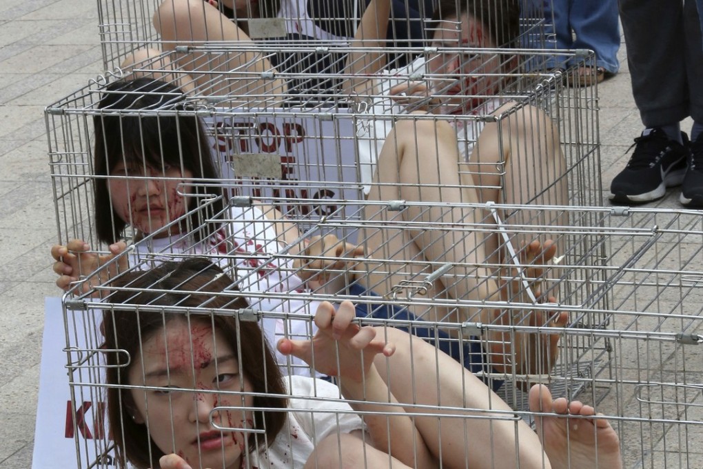 South Korean animal rights activists confine themselves in cages during a campaign opposing South Korea's culture of eating dog meat in Seoul, South Korea. Photo: AP/Ahn Young-joon