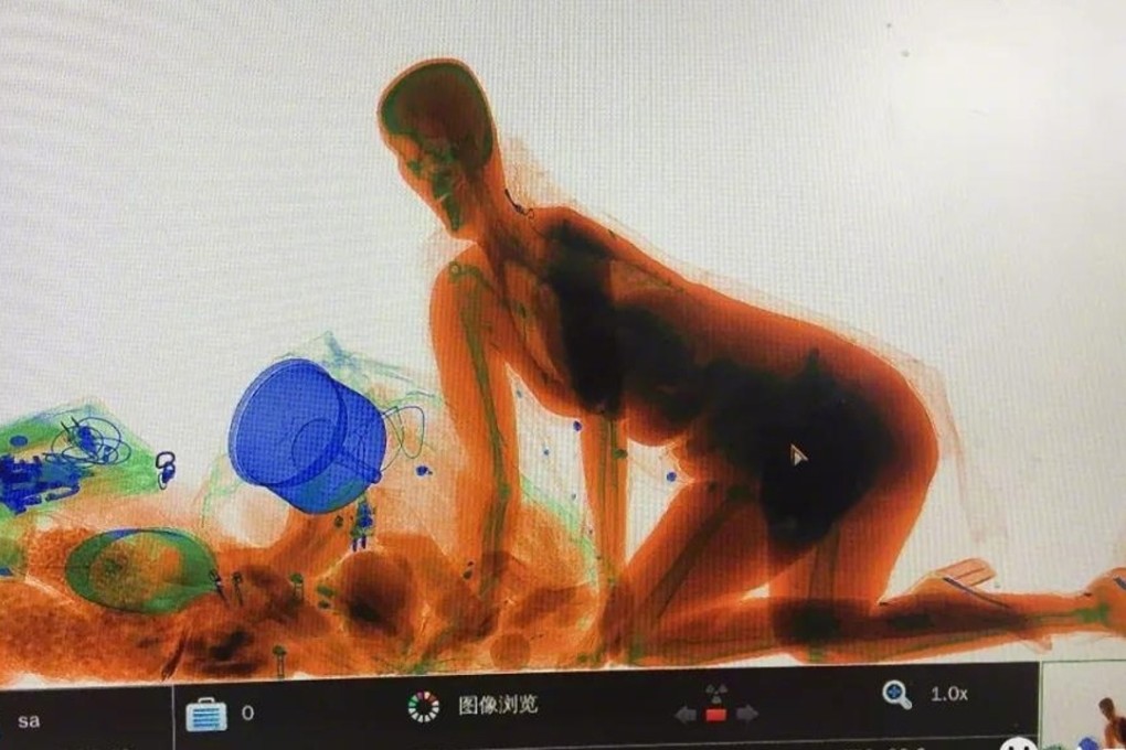 Ghostly images of the woman being X-rayed by a security scanner at a railway station in southern China became a huge hit online. Photo: Weibo.