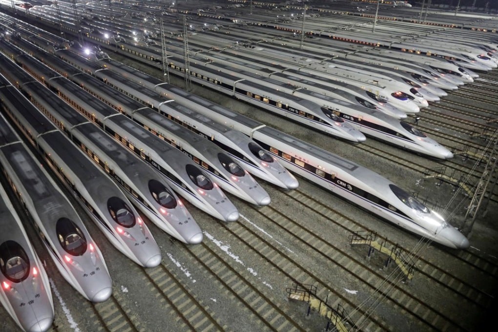 China Railway High-speed Harmony bullet trains are seen at a high-speed train maintenance base, as the Spring Festival travel rush begins in Wuhan, Hubei province, China. Photo: Reuters