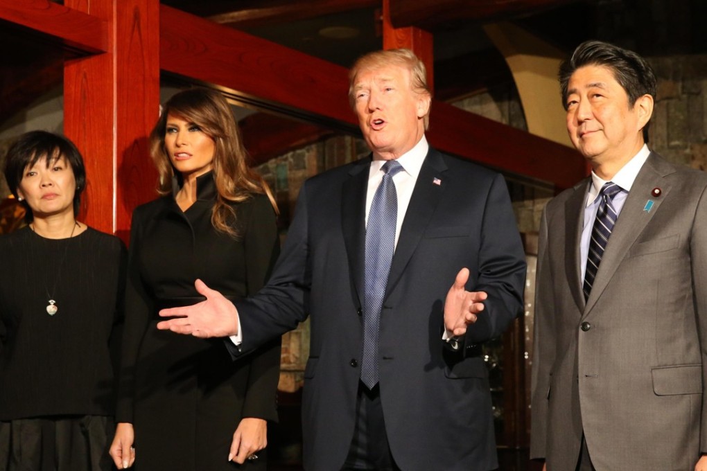Japanese Prime Minister Shinzo Abe, US President Donald Trump, and their respective wives during a dinner in Tokyo, Japan, on November 5, 2017. On Wednesday, the two leaders held a phone conversation where they affirmed their united stand against North Korea’s missile programme. Photo: Kyodo