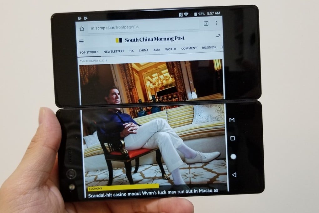 The new ZTE Axon M smartphone in “extend” mode, its two screens functioning as one. Photo: Bin Sin