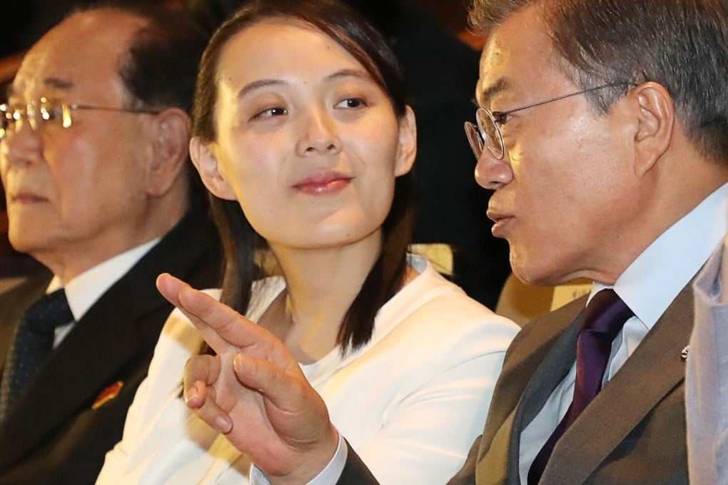 South Korean President Moon Jae-in, right, and North Korea’s secret diplomatic weapon, Kim Yo-jong, centre. Photo: AFP