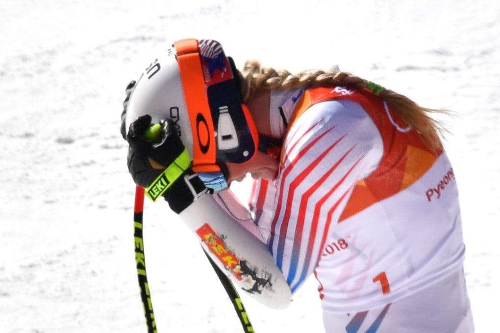 Lindsey Vonn reacts after crossing the finish line of the women’s super-G at the Jeongseon Alpine Center. Photo: AFP