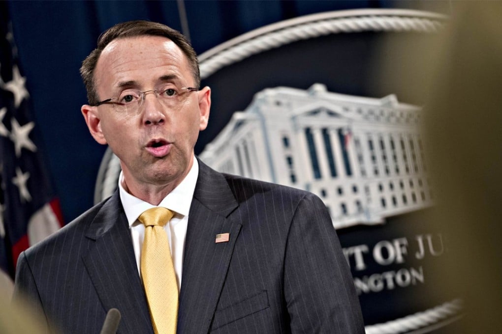 Rod Rosenstein, deputy attorney general, announces on Friday that 13 Russian nationals and three Russian entities have been charged with interfering in the 2016 presidential election. Photo: Bloomberg