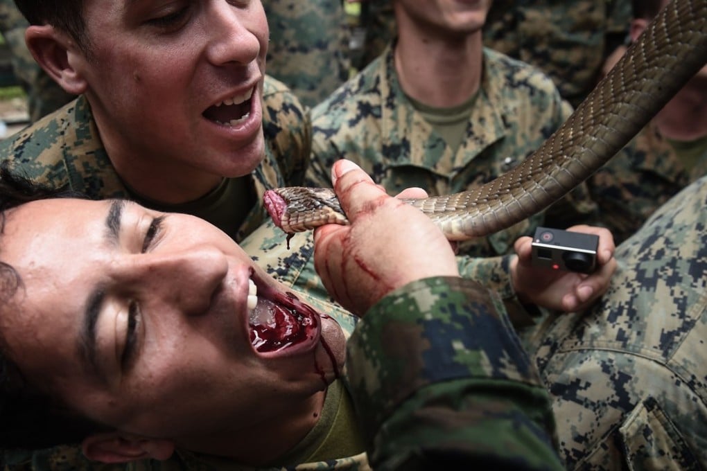 A US marine is fed the blood of a cobra. Photo: AFP