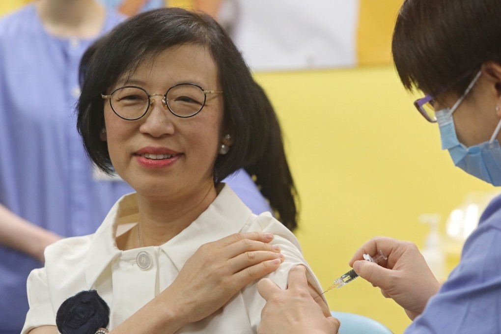 Hong Kong Secretary for Food and Health Sophia Chan receives a vaccination in October during a visit to the Shau Kei Wan Jockey Club General Outpatient Clinic while checking the progress on the implementation of the government vaccination programme for 2017-18. Photo: Sam Tsang