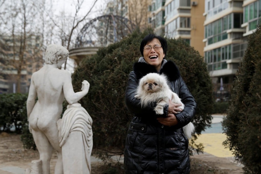 Pekingese owner Hu Yujie takes her pet Xiaobai out for a stroll in Beijing. Photo: Reuters