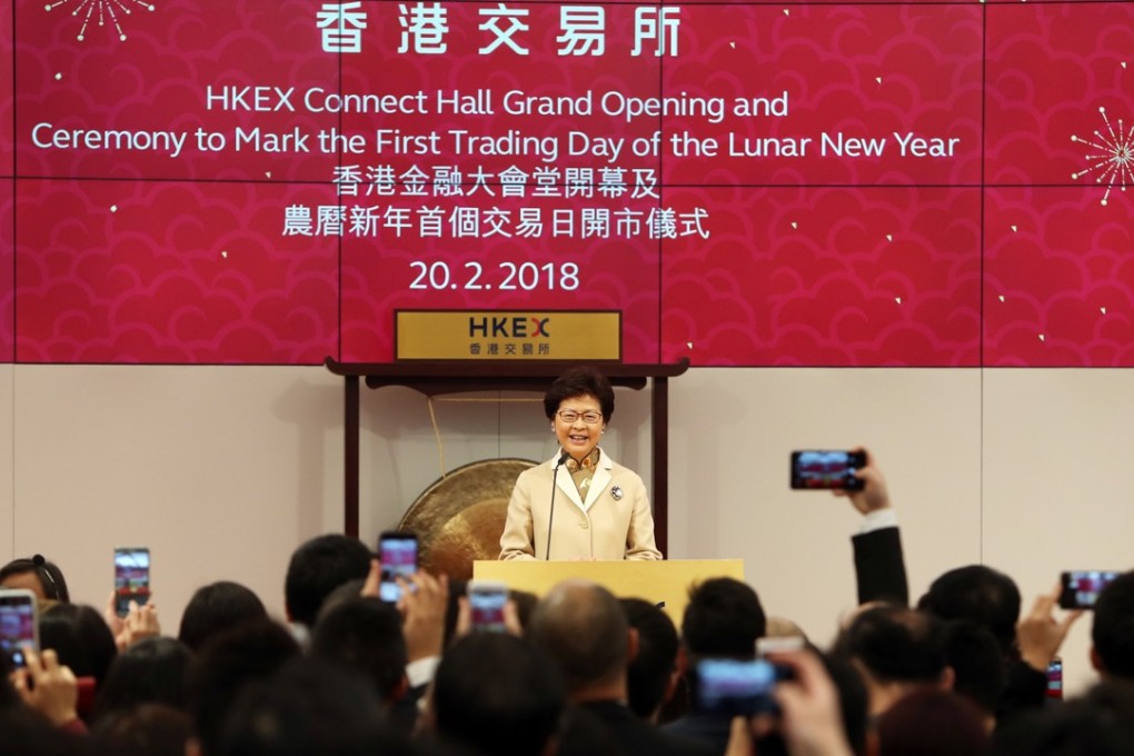 Hong Kong Chief Executive Carrie Lam Cheng Yuet-ngor at the ceremony marking the first trading day of the Year of the Dog at the HKEX Connect Hall on Tuesday. Photo: Winson Wong