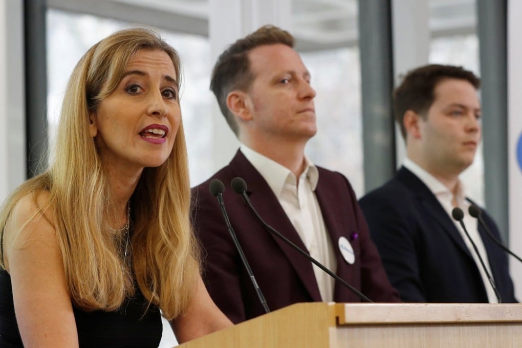 Sandra Khadhouri, together with fellow Renew party members James Clarke and James Torrance, speak at the launch of the new political party in London on Monday. Photo: Reuters