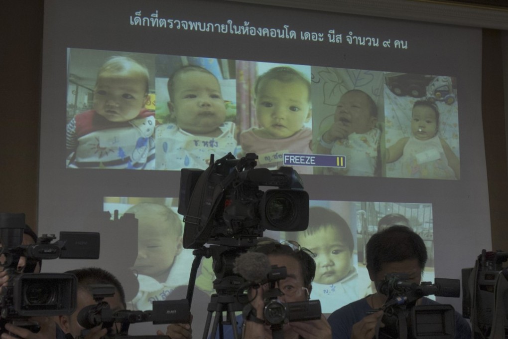 Thai police display pictures of surrogate babies born to a Japanese man who was at the centre of a surrogacy scandal. File photo: AP