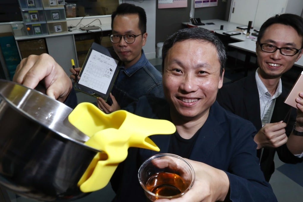(front): Wang Yuk, designer and manager of Wave Idea Company; (back left to right): Theo Wong Chin-cho, creative director of Invinite Design Limited; and Paul Lam Chun-kwok, designer and product manager of Ten Stationary Limited. Photo: Nora Tam