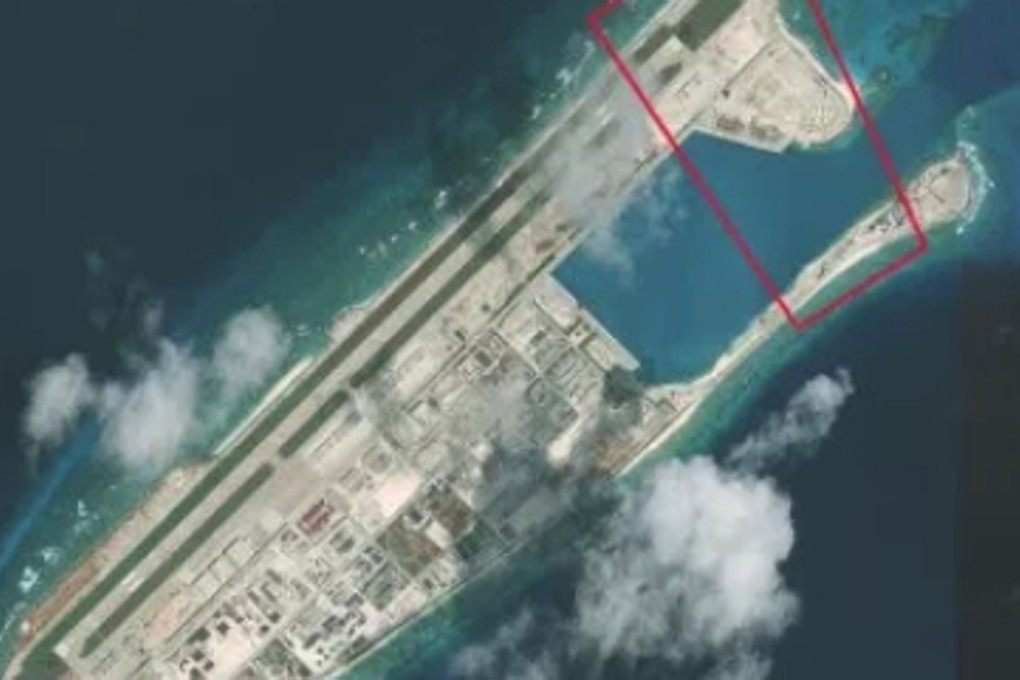 A large communications/sensor array was completed on Fiery Cross Reef last year, the Washington-based Asia Maritime Transparency Initiative says. Photo: CSIS Asia Maritime Transparency Initiative/DigitalGlobe