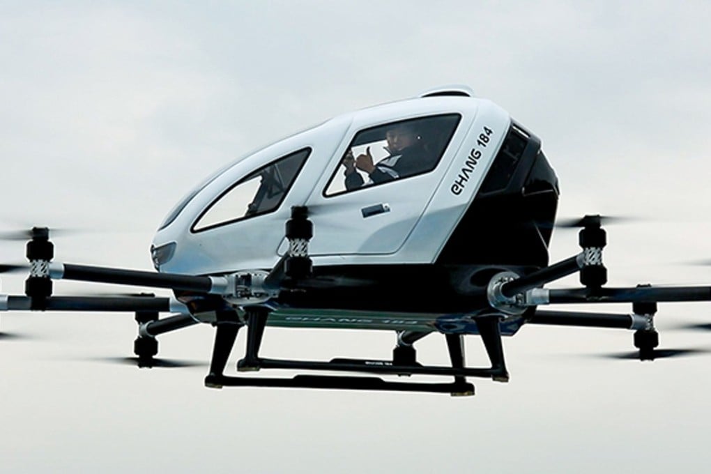 An Ehang executive gives the thumbs up during a manned flight of the passenger drone earlier this month. Photo: Handout