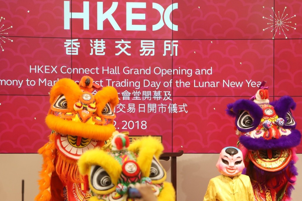 Traditional lion dancers perform at the Hong Kong Exchange Exhibition Hall Grand Opening and Ceremony to mark the first trading day of the Lunar New Year in Central. Photo: Winson Wong
