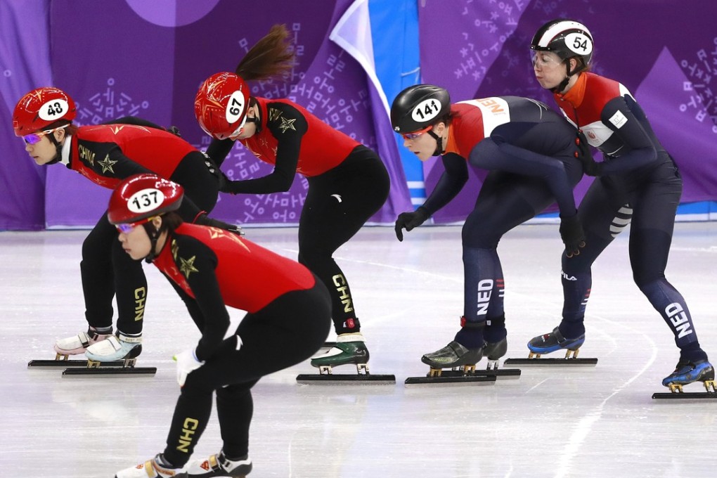 China and the Netherlands compete during the relay heat ahead of the short-track speedskating final in Pyeongchang. Photo: EPA