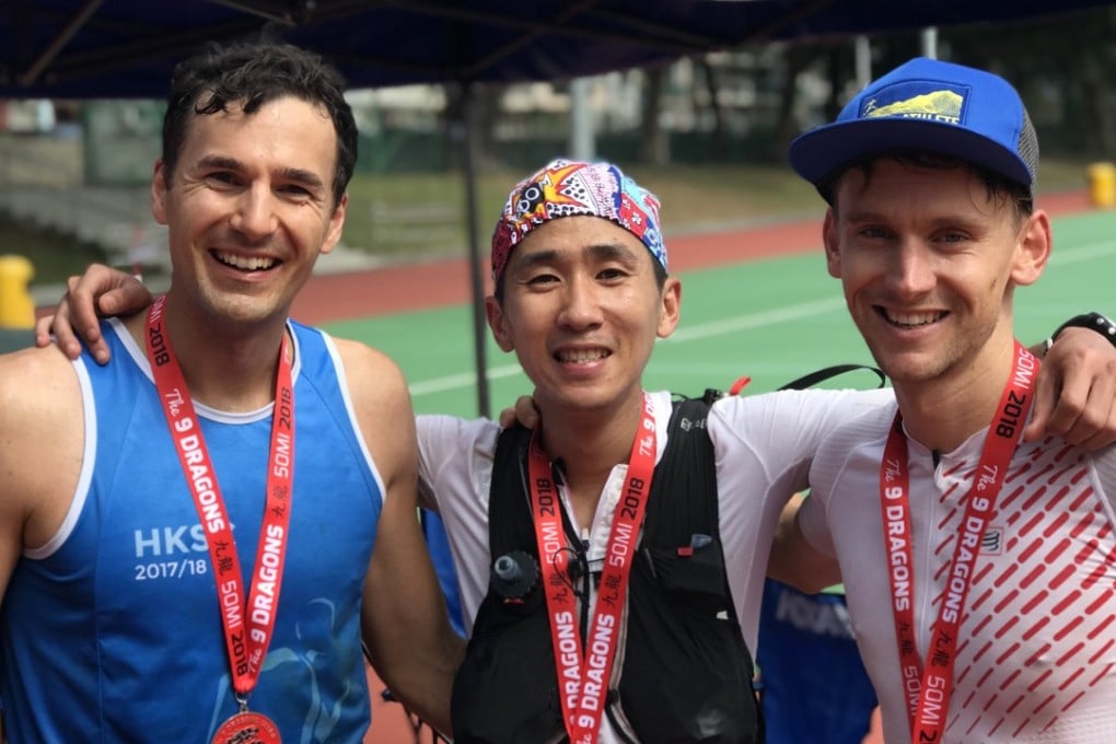 The first three runners in the men's 50-mile 9 Dragons ultra: Michael Skobierski, Deng Goumin and Harry Jones. Photo: Mark Agnew