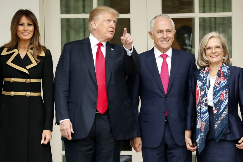 US President Donald Trump and first lady Melania Trump welcome Australian Prime Minister Malcolm Turnbull and his wife Lucy. Photo: Reuters