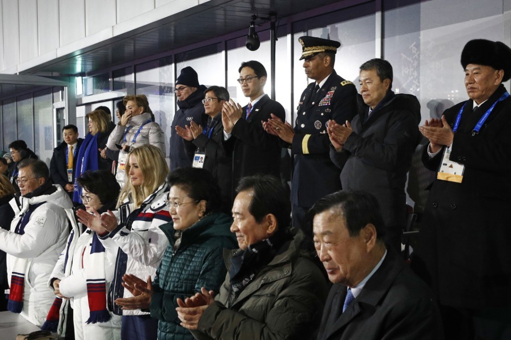 South Korean President Moon Jae-in, from bottom left, first lady Kim Jung-sook, Ivanka Trump, and Chinese Vice-Premier Liu Yandong applaud as athletes from North and South Korea walk together during the closing ceremony of the 2018 Winter Olympics in Pyeongchang, South Korea, Sunday, February 25, 2018. Standing at top right is Kim Yong-chol, vice-chairman of North Korea’s ruling Workers’ Party Central Committee. Photo: AP