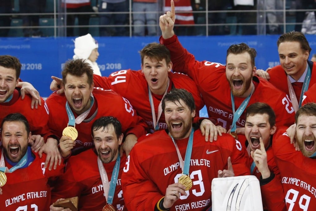 Olympic Athletes from Russia celebrate with their gold medals after their win in the ice hockey gold medal game against Germany. Photo: EPA