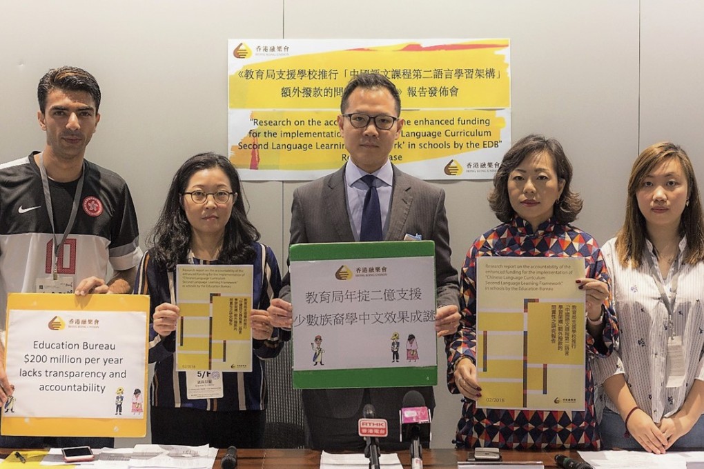 (from left to right) Pakistani father ‘KK’; Unison executive director Phyllis Cheung; lawmakers Dennis Kwok and Alice Mak Mei-kuen; and Unison project manager Mandy Cheuk share results of the study on how government funding for non-Chinese speaking pupils is spent. Photo: Handout