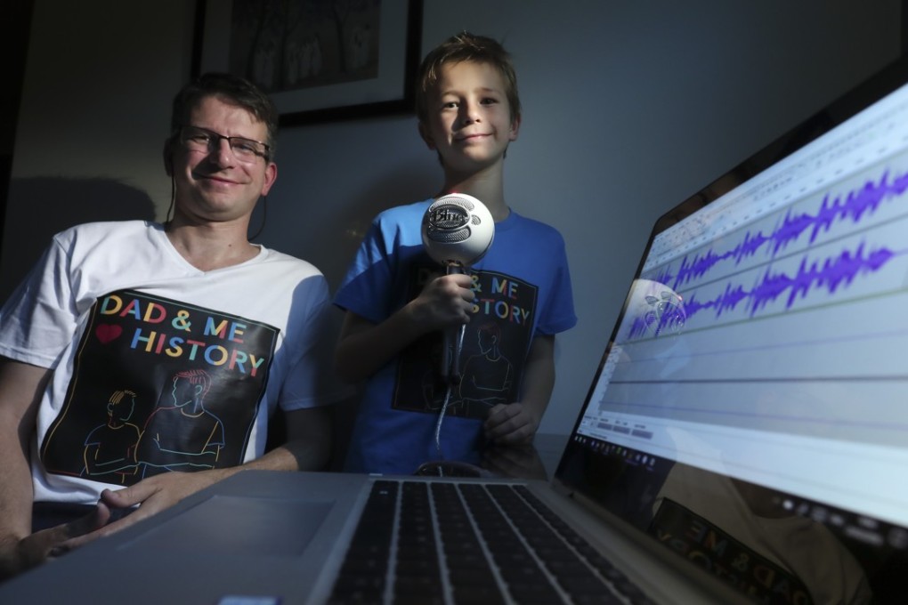 History teacher and podcaster Paul Letters and his son James with their recording equipment. Picture: Jonathan Wong