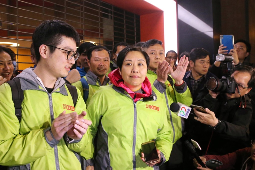 Supporters of the recently formed “Full-time KMB Driver Alliance” with strike leader Yip Wai-lam (centre). Photo: Sam Tsang
