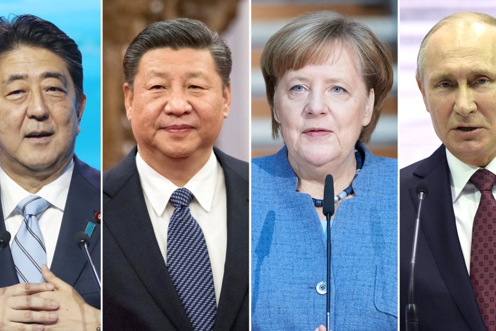 This combination image shows (from left) Japanese Prime Minister Shinzo Abe, Chinese President Xi Jinping, German Chancellor Angela Merkel and Russian President Vladimir Putin. Photo: EPA