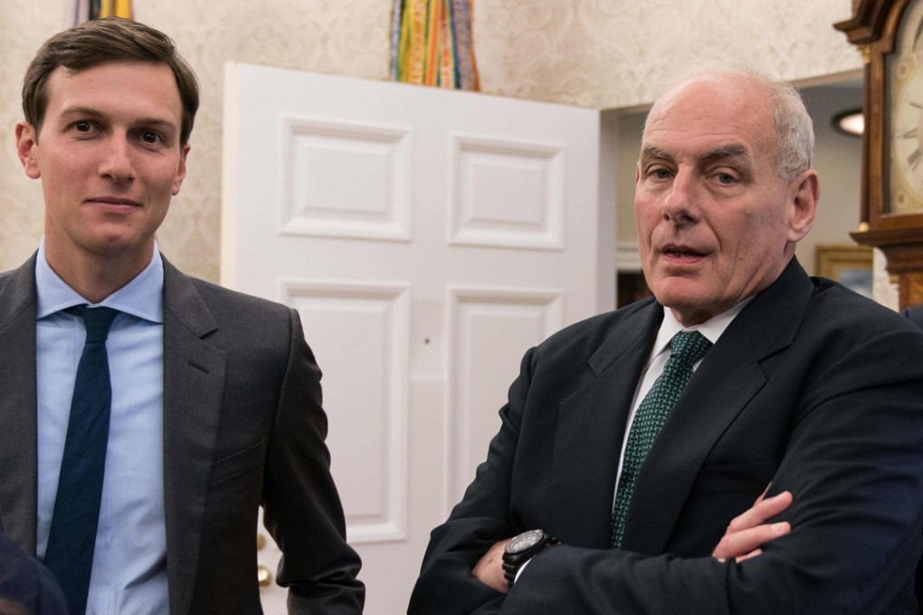 In this file photo taken on September 1, 2017 White House senior adviser Jared Kushner (left) and White House chief of staff John Kelly are seen in the Oval Office at the White House. Photo: Agence France-Presse