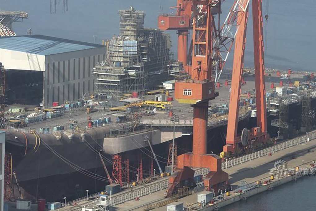 China's first home-grown aircraft carrier under construction at the Dalian shipyard. Photo: Weibo
