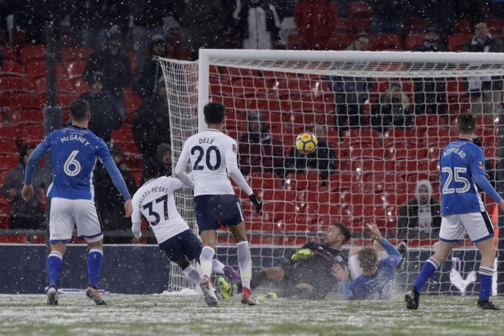 Tottenham Hotspur’s Kyle Walker-Peters (second left) shoots and score his sides sixth goal of the game during the FA Cup fifth round replay. Photo: AP
