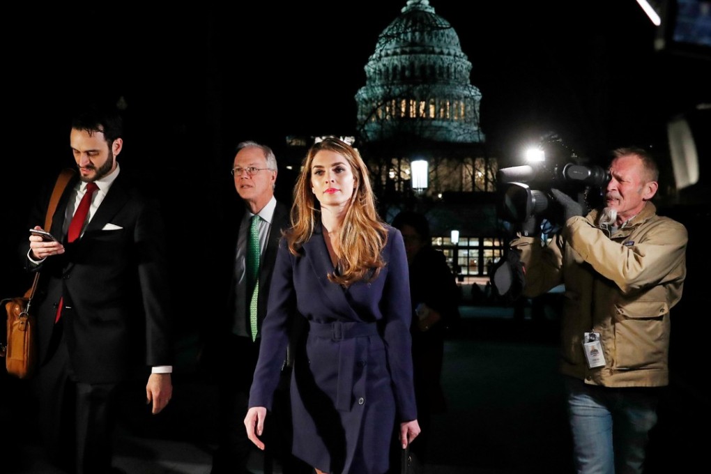 White House Communications Director Hope Hicks leaves the US Capitol Building after attending the House Intelligence Committee’s closed door meeting in Washington on Tuesday night. Photo: Reuters