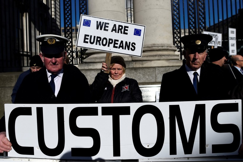 Anti-Brexit campaigners, Borders Against Brexit protest outside Irish government buildings in Dublin, Ireland, on April 25, 2017. The border between Northern Ireland and Ireland has become a major hurdle in Brexit wrangling. Photo: Reuters