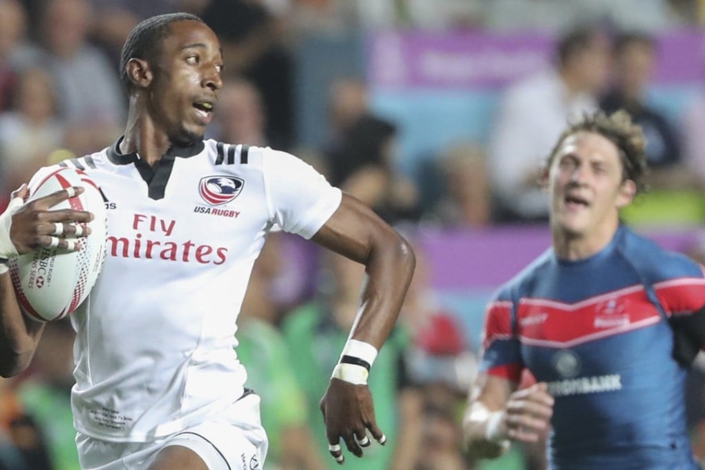 USA speedster Perry Baker streaks away for another try at the Cathay Pacific/HSBC Hong Kong Sevens. Photo: Edward Wong
