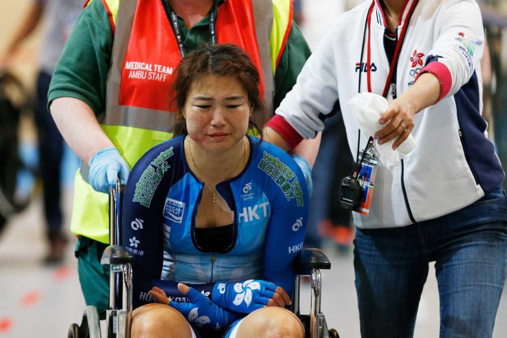 Diao Xiaojuan of Hong Kong after her crash in the women's omnium event at the UCI Track Cycling World Championships in Apeldoorn, The Netherlands. Photo: EPA