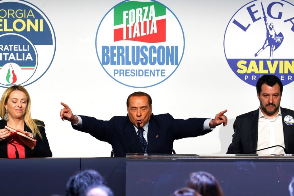 Forza Italia leader Silvio Berlusconi speaks flanked by Fratelli D’Italia party leader Giorgia Meloni and La Lega (Northern League) leader Matteo Salvini during a meeting in Rome on March 1, 2018. Photo: Reuters