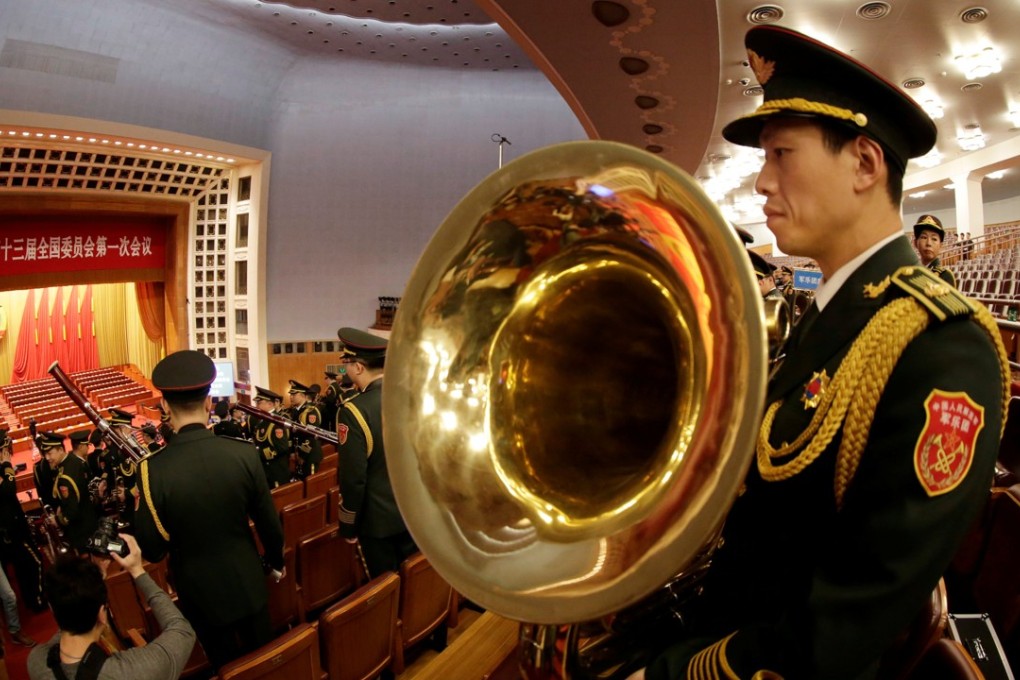 Military band members rehearse for the CPPCC opening session at the Great Hall of the People in Beijing on Saturday. Photo: Reuters