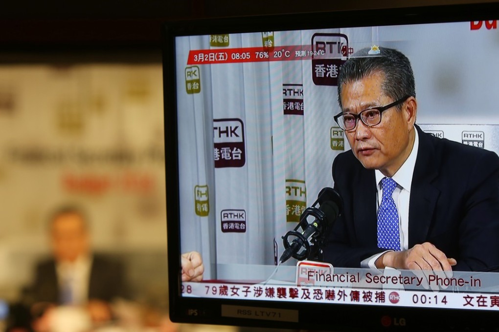 Financial Secretary Paul Chan Mo-po attends the Radio Television Hong Kong phone-in programme regarding the 2018 - 2019 budget. Photo: Xiaomei Chen