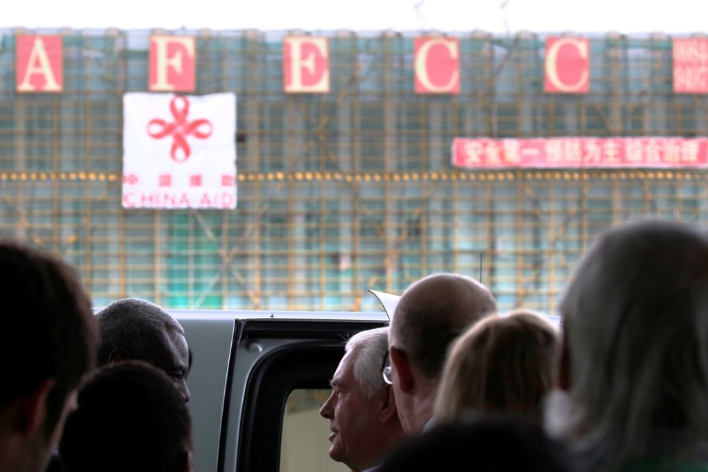 With a Chinese construction project as a backdrop, US Secretary of State Rex Tillerson bids farewell to African Union (AU) Commission Chairman Moussa Faki, of Chad, after their meeting at AU headquarters in Addis Ababa, Ethiopia. Photo: Reuters