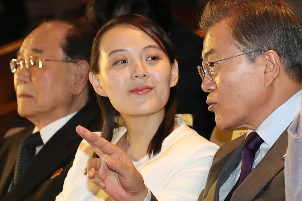 North Korean leader Kim Jong-un's sister Kim Yo-jong (centre) and South Korean President Moon Jae-in (right) met in Seoul during the Pyeongchang Winter Olympics. Photo: AFP