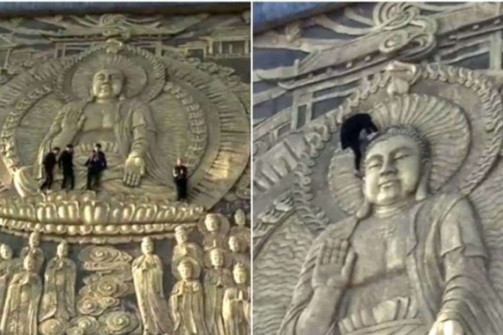 At least four men climbed the 1,000-year-old carving in Zhechuan county, Henan province. Photo: Sina.com.cn