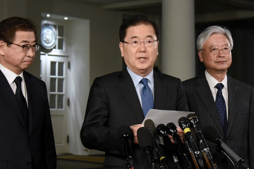 South Korean National Security Adviser Chung Eui-yong speaks outside the White House on Thursday, announcing that North Korea’s Kim Jong-un had invited Donald Trump to meet him, and that Trump had accepted. Photo: TNS