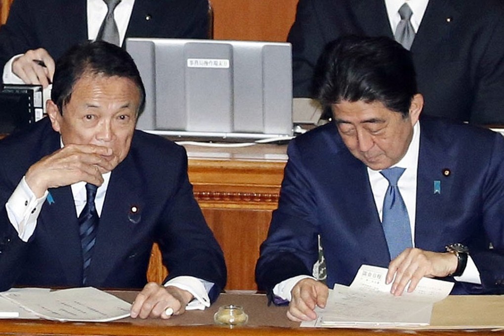 Finance Minister Taro Aso and Japanese Prime Minister Shinzo Abe attend the plenary session of parliament this week. The Ministry of Finance will admit to altering land sale documents linked to a scandal involving the PM’s wife. Photo: AP