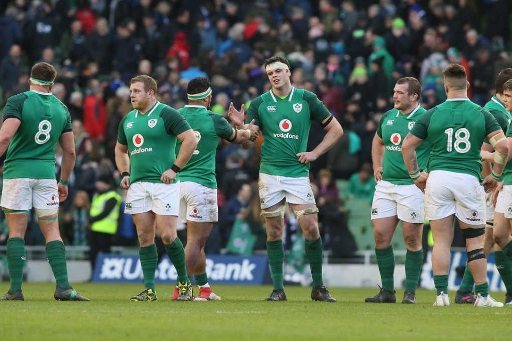 Ireland’s Sean Cronin (second left) celebrates with teammates following their Six Nations Championship win over Scotland. Photo:AFP