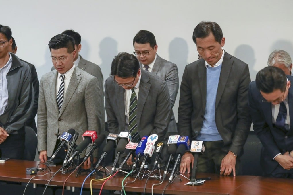 (front left to right): Eddie Chu Hoi-dick; Gary Fan Kwok-wai (who won the New Territories East constituency); Charles Peter Mok; Edward Yiu Chung-yim; and Alvin Yeung Ngok-kiu, at the Legislative Council by-election press conference. Photo: Nora Tam